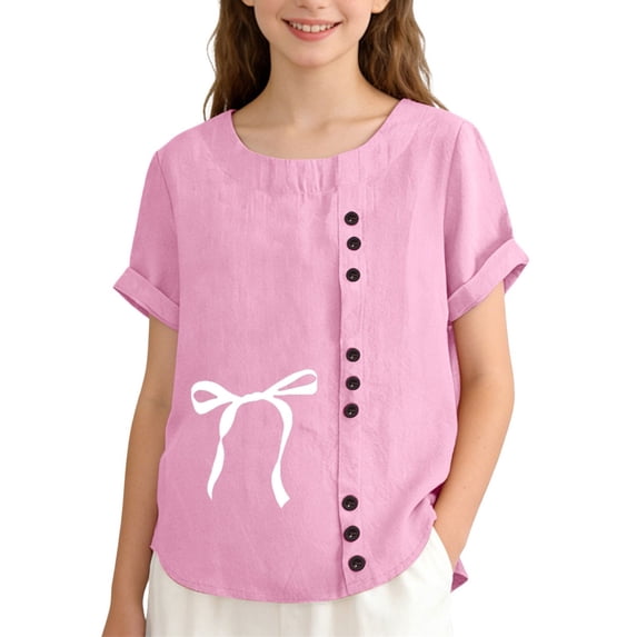Ruyang Hawaiian Short Sleeve for Teen Girs Cotton Linen Cute Bow Graphic Round Neck T Shirt Summer Loose Soft Blouse T-Shirt