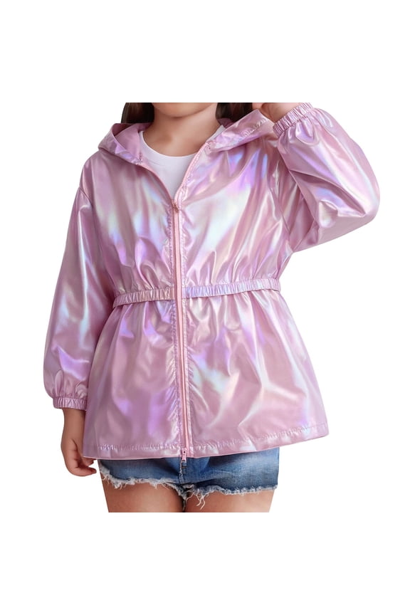 Holographic Shiny Girls Windbreaker Iridescent Gradient Mid Length Hooded Zip Up Jacket Toddler Kids Holiday Fashion Coats ﻿