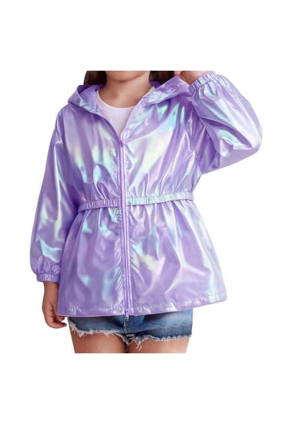Holographic Shiny Girls Windbreaker Iridescent Gradient Mid Length Hooded Zip Up Jacket Toddler Kids Holiday Fashion Coats ﻿
