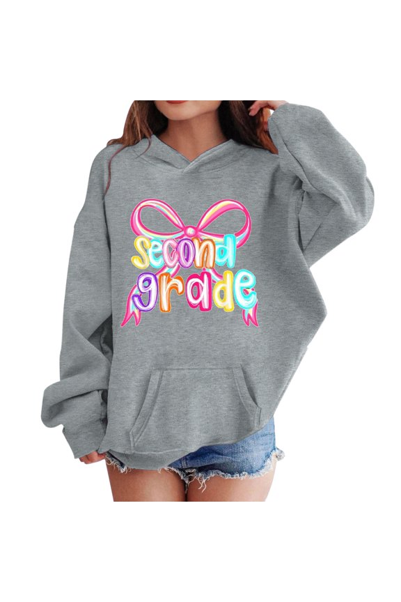 Hooded Sweatshirt for Girls Bow Second Grade Graphic Long Sleeve Pullover Top Fall Cute Back to School Casual Sweatshirt