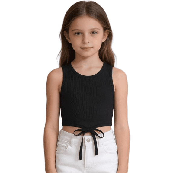 Ruyang Irregular Cut Tank Top for Girls Round Neck Belly Tied Bow Solid Sleeveless Top Summer Fashion Breathable Camisole Shirts