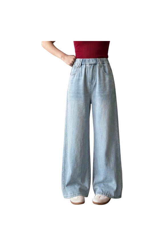 Jeans Girls Denim Jeans Kids Baggy Wide Leg Elastic Waist Y2k Denim Pants Pockets Vintage Streetwear Trousers School Clothes