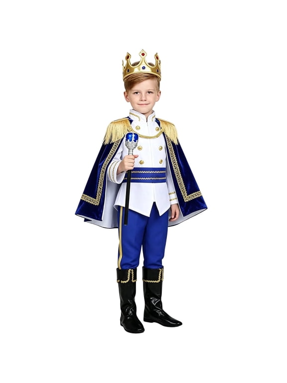 Kids Boys Luxurious Royal Prince Outfit Dress Up Role Play Clothes Velvet Trim Cape Crown Scepter Sets Youth Halloween Clothes