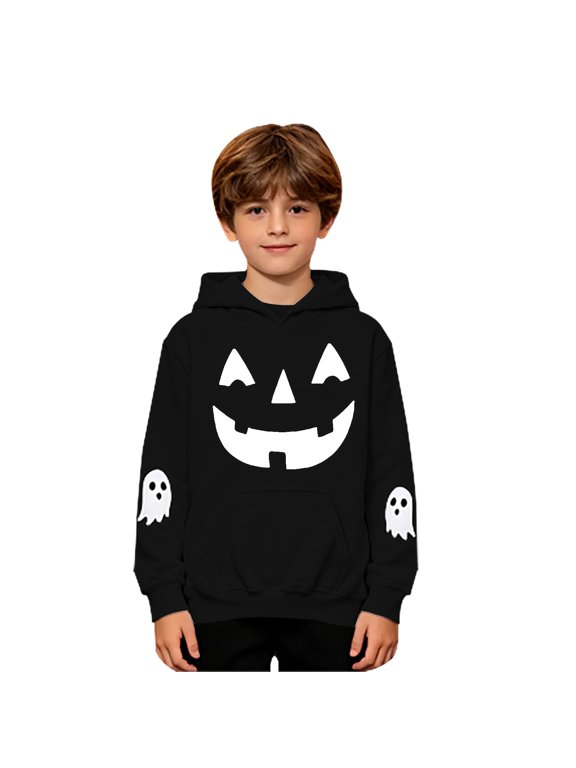 Kids Boys Sweatshirt Jack O Lantern Crew Neck Hooded Pullover Youth Halloween Sweatshirt Fall Holiday Outfit 2-14 Years