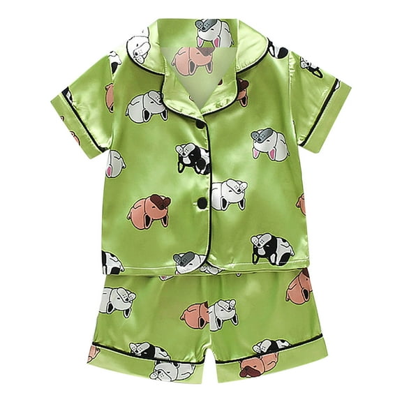 Ruyang Kids Cartoon Dog Satin Pajama Set Boys Girls Sleepwear 2Pcs Outfits Short Sleeve Button Down Nightshirt Shorts