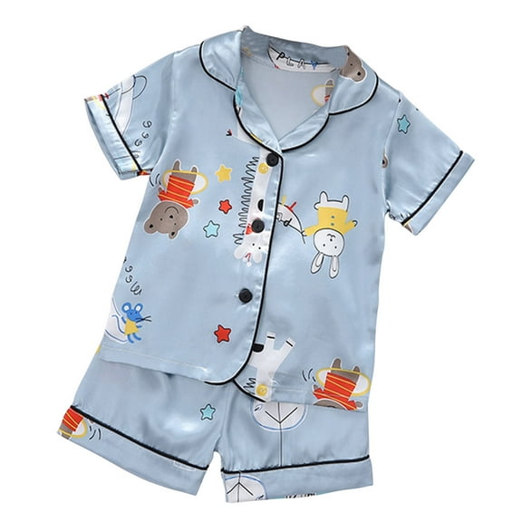 Ruyang Kids Cartoon Print Satin Pajama Set Spring Summer Short Sleeve Button Nightshirt Shorts Sleepwear 2Pcs Outfit