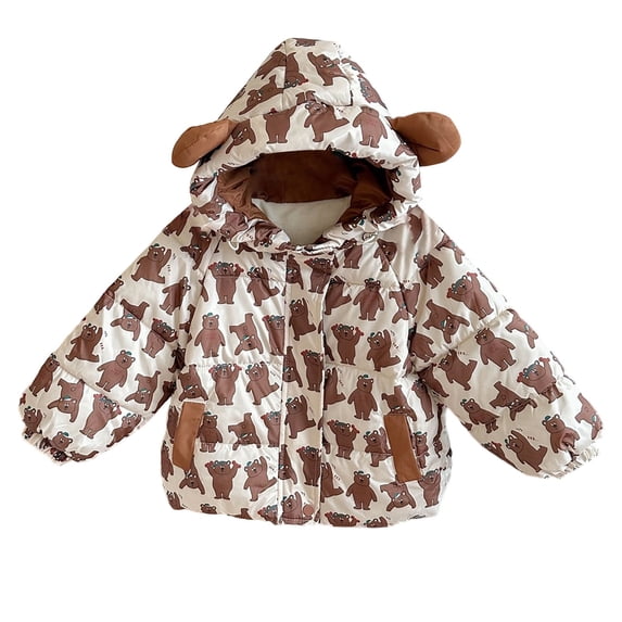 Ruyang Kids Cute Bear Puffer Jackets Little Boys Girls Floral Graphic Hooded Down Coat Winter Padded Warm Cotton Outwear
