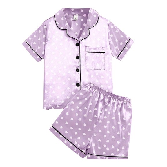Ruyang Kids Cute Heart Print Silk Pajamas 2-Piece Satin Short Sleeve Button Down T-Shirt Top & Shorts Outfits Sleepwear