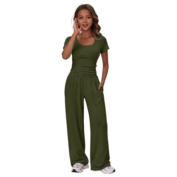 Ruyang Kids Girls 2 Piece Outfit Crew Neck Short Sleeve Top and Wide Leg Pants Summer Teens Solid Casual Sweatsuit Set