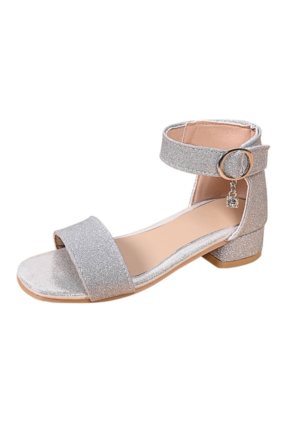 Kids Girls Chunky Low Heel Sandals Shining Ankle Strap Open Toe Dress Shoes Summer Casual Wedding Party Sandals