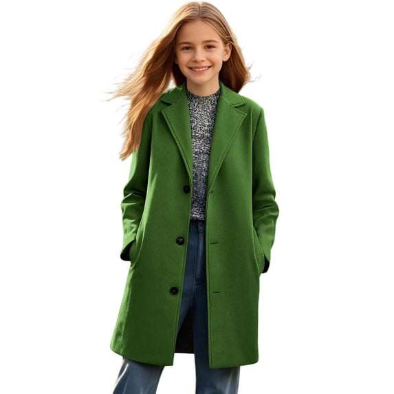 Ruyang Kids Girls Coat Mid Length Lapel Button Windproof Cold Proof Overcoat Autumn Winter Classic Stylish Outerwear