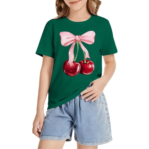 Ruyang Kids Girls Cotton T Shirt Cute Cherry Bow Print Round Neck Short Sleeve Tops Summer Outdoor Athletic Blouse Tee Tops