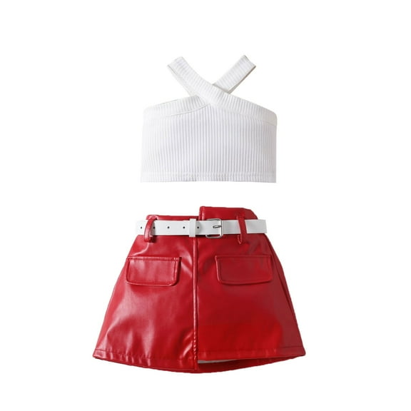 Ruyang Kids Girls Faux Leather Skirts Set Off Shoulder Crop Tops Tshirts Short Skirts with Pockets 2Pcs Summer Outfits