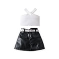 thumbnail image 1 of Ruyang Kids Girls Faux Leather Skirts Set Off Shoulder Crop Tops Tshirts Short Skirts with Pockets 2Pcs Summer Outfits, 1 of 4