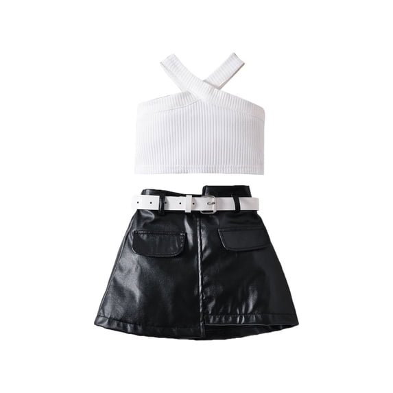 Ruyang Kids Girls Faux Leather Skirts Set Off Shoulder Crop Tops Tshirts Short Skirts with Pockets 2Pcs Summer Outfits