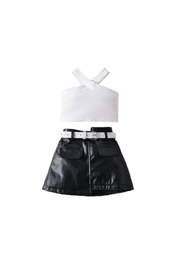 Kids Girls Faux Leather Skirts Set Off Shoulder Crop Tops Tshirts Short Skirts with Pockets 2Pcs Summer Outfits
