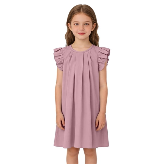 Ruyang Kids Girls Frilly Skirts Ruffle Fly Sleeve Round Neck Sundress Summer Solid Beach Vacation Casual Mini Dresses