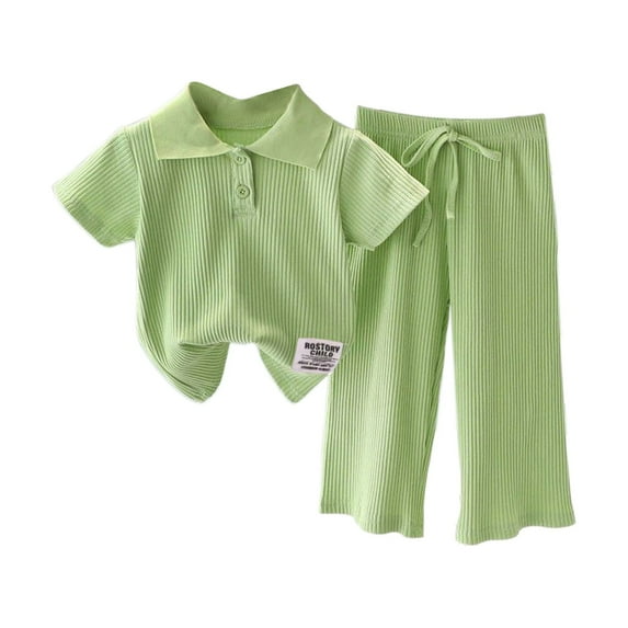 Ruyang Kids Girls Knit 2 Piece Set Short Sleeve Button Down Shirt + Drawstring Pants Toddler Cotton Loungewear Ribbed Knit Set