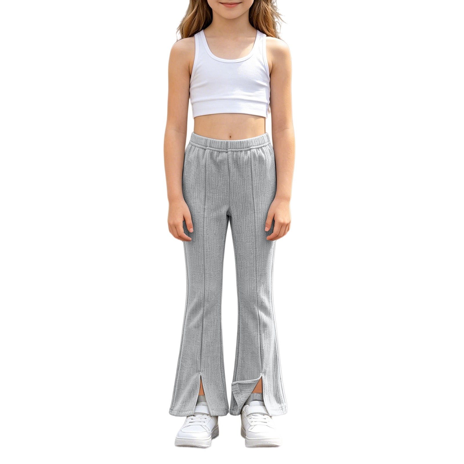 Ruyang Kids Girls Ribbed Knit Flare Pants Split Hem Loose Fit Bell Bottoms Soft Sweet Lightweight Casual Pull on Trousers
