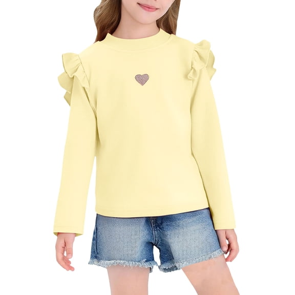 Ruyang Kids Girls Ruffle Shirt Cute Heart Graphic Base Layer Top Long Sleeve Crewneck Thermal Cotton Pullover Shirts
