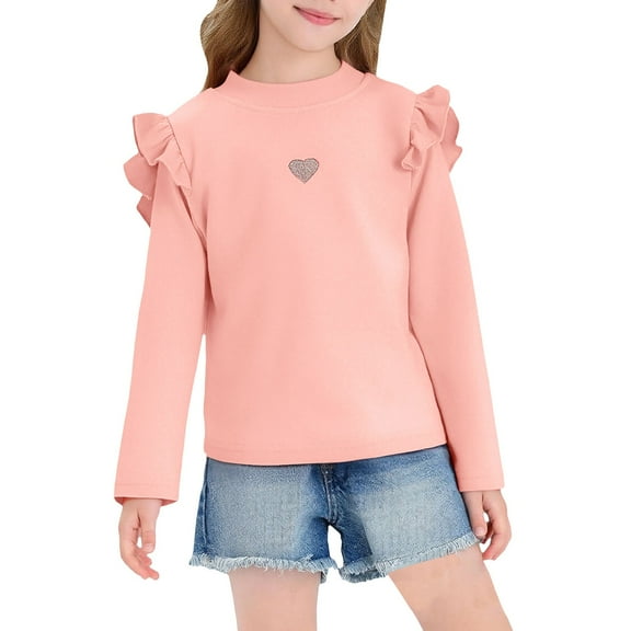 Ruyang Kids Girls Ruffle Shirt Cute Heart Graphic Base Layer Top Long Sleeve Crewneck Thermal Cotton Pullover Shirts