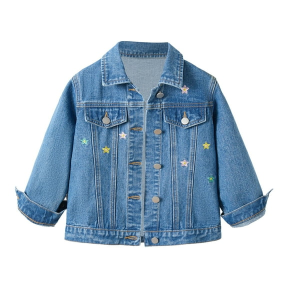 Ruyang Kids Girls Trendy Jean Jackets Cute Embroidered Flowers Denim Jackets Long Sleeve Button Down Lapel Coat Fall