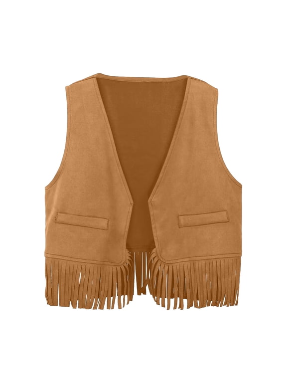 Kids Girls Western Sleeve T Shirt Tassel Suede-Like Open Front Vest Sleeveless Retro Cowboy Inspired Outerwear