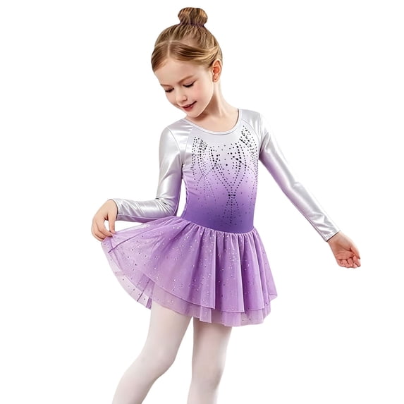 Ruyang Kids Gymnastics Dance Leotard Sets Girls Long Sleeve Gradient Ballet One‑Piece Shiny Performance Tulle Skirt 5-12 Years