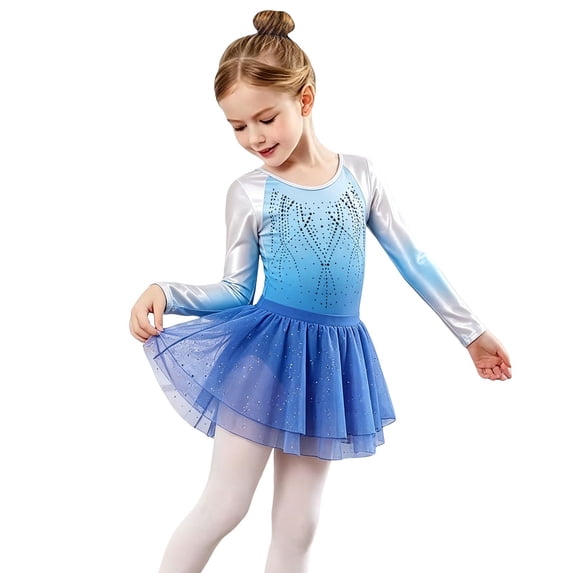 Ruyang Kids Gymnastics Dance Leotard Sets Girls Long Sleeve Gradient Ballet One‑Piece Shiny Performance Tulle Skirt 5-12 Years