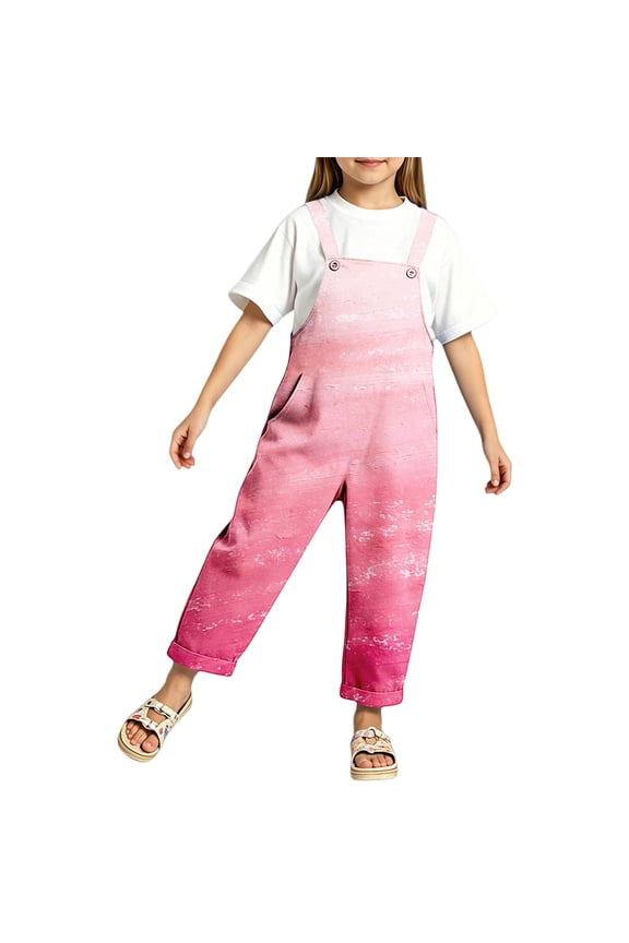 Kids Jumpsuits for Girls Gradient Tie-Dye Adjustable Strap Baggy Overalls Summer Teens Loose Rompers with Pockets