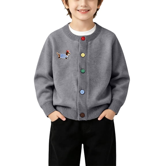 Ruyang Kids Knit Cardigan for Boys Girls Teen Long Sleeve Knitted Sweater Jacket Toddler Cute Dog Embroidery Button Outerwear