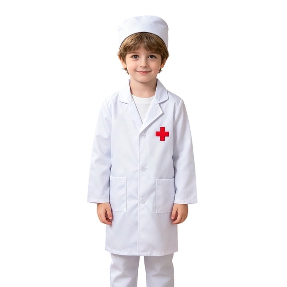 Ruyang Kids Nurse Set Long Sleeve Button Down Lab Uniform Coat with Hat Girls School Show Career Pretend Play Clothes
