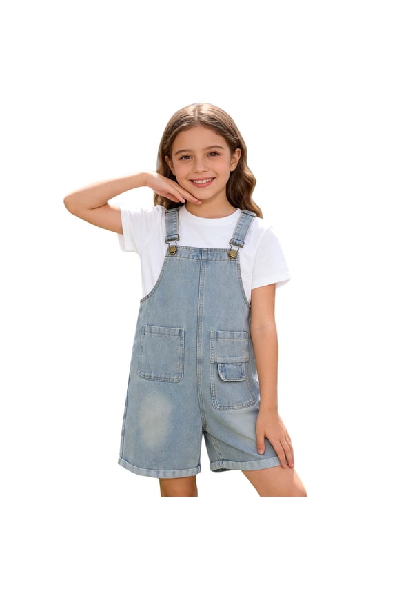 Kids Overalls Shorts Jumpsuit Summer Denim Shortsalls Cotton Daily Wear Jean Rompers With Pockets Girl's Bib Cuffed Overalls