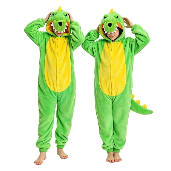 Ruyang Kids Plush Dinosaur Hooded Jumpsuit 3D Animal Button Front Soft Fleece Onesie Toddler Warm Full Length Loungewear