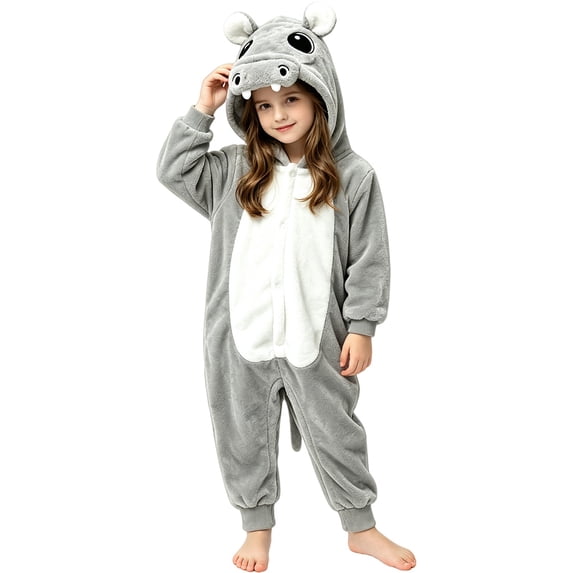 Ruyang Kids Plush Hippo Hooded Jumpsuit 3D Animal Button Front Soft Fleece Onesie Toddler Warm Full Length Loungewear