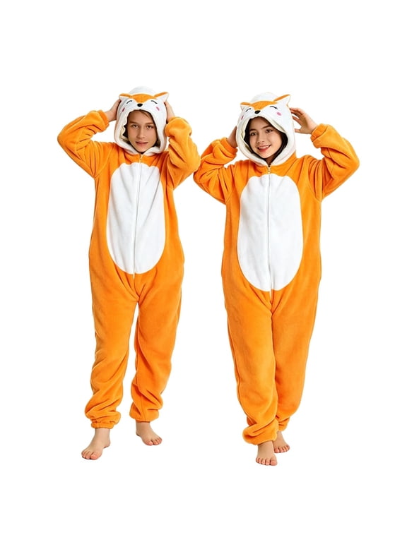 Kids Plush Hooded Jumpsuit Fox Dress Up Role Play Outfit Cute Animal Zipper Bodysuits Daily Fall Casual Clothes