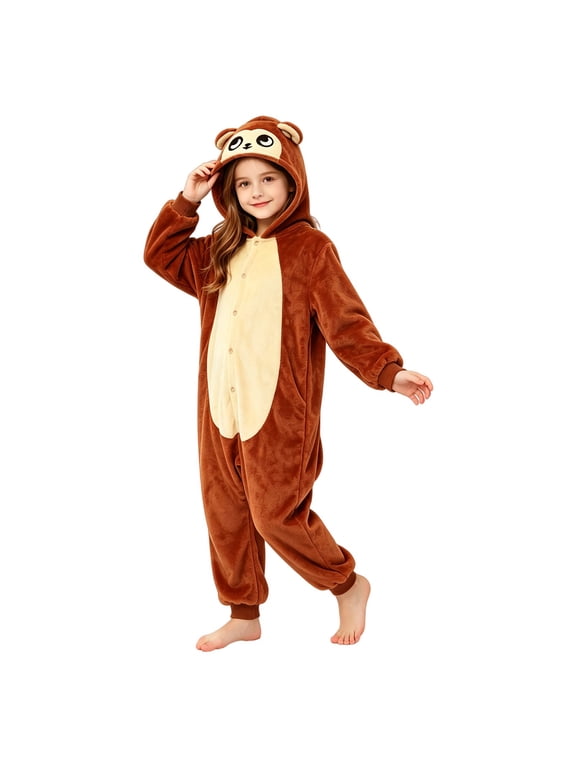 Kids Plush Hooded Jumpsuit Monkey Long Sleeve Jumpsuit Plush Dress Up Wear Fall Winter Clothes for Boys Girls