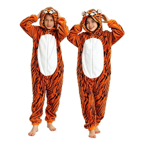 Ruyang Kids Plush Hooded Jumpsuit Tiger Long Sleeve Jumpsuit Plush Dress Up Wear Fall Winter Clothes for Boys Girls