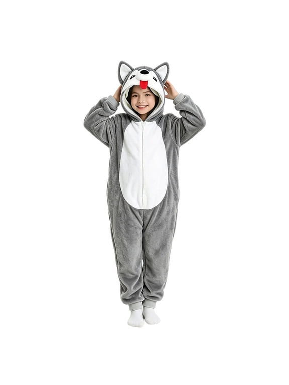 Kids Plush Hooded Jumpsuit Wolf Long Sleeve Jumpsuit Plush Dress Up Wear Fall Winter Clothes for Boys Girls
