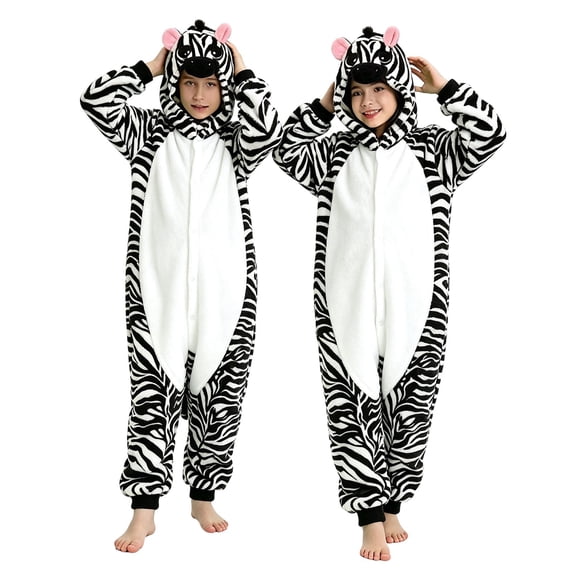 Ruyang Kids Plush Zebra Hooded Jumpsuit 3D Animal Button Front Soft Fleece Onesie Toddler Warm Full Length Loungewear