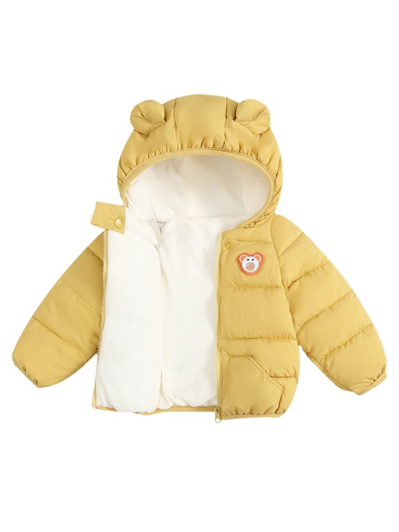 Kids Short Down Jacket Bear Ear Fleece Lined Puffer Coat Full Zip Cartoon Patch Padded Jacket Toddler Thick Warm Outerwear for Girls