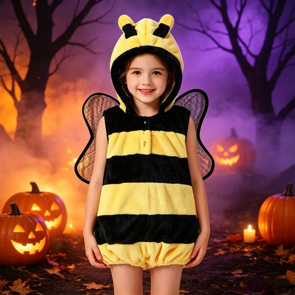 Ruyang Kids Sleeveless Hooded Outfit Bumble Bee Plush Striped Animal Jumpsuit Halloween Toddler Dress Up Clothes for Boys Girls