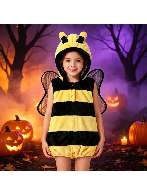Kids Sleeveless Hooded Outfit Bumble Bee Plush Striped Animal Jumpsuit Halloween Toddler Dress Up Clothes for Boys Girls