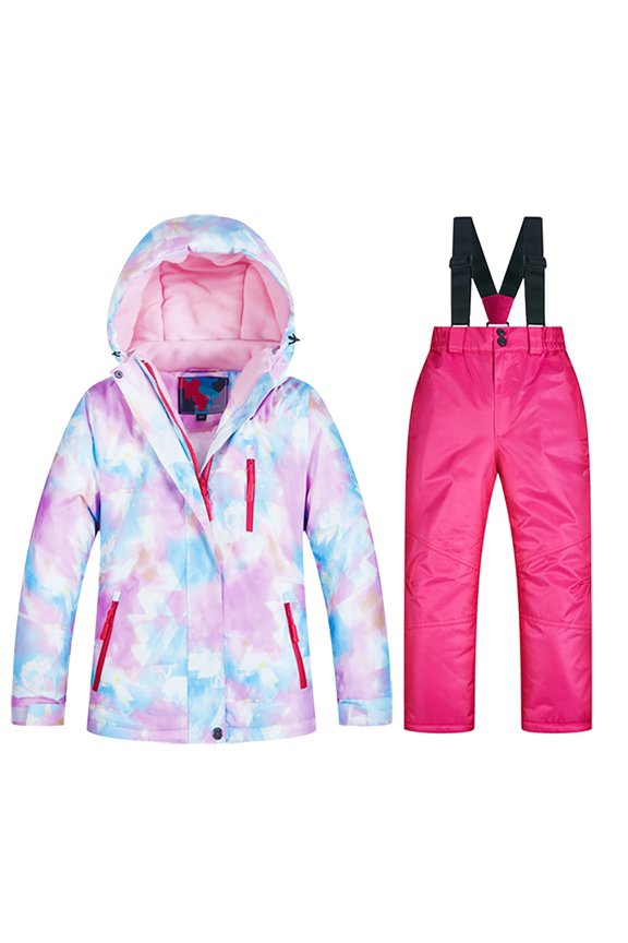 Kids Tie-Dyed Ski Jacket Pants Suits Waterproof Windproof Snow Suit for Boys Girls Suspender Pants 2Pcs Sets