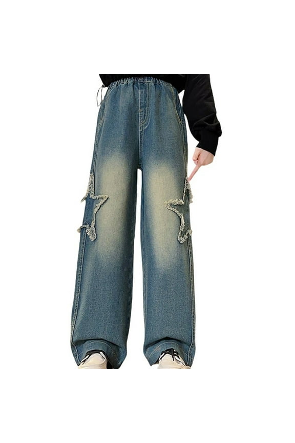 Kids Wide Leg Wash Cargo Jeans Elastic Waist Distressed Star Ripped All Seasons 𝐘2K Hip Hop Fashion Denim Pants