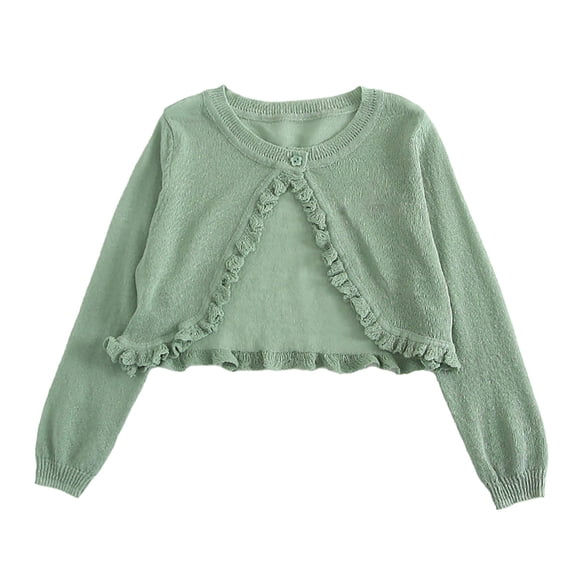 Ruyang Knitted Cardigan for Evening Dress Girls Cropped Sweaters Ruffle Trim Long Sleeve Trendy Shawl Plain Cute Sweater