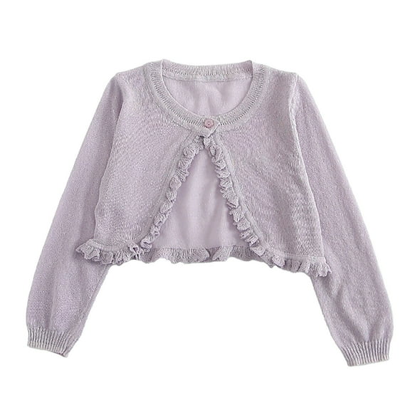 Ruyang Knitted Cardigan for Evening Dress Girls Cropped Sweaters Ruffle Trim Long Sleeve Trendy Shawl Plain Cute Sweater
