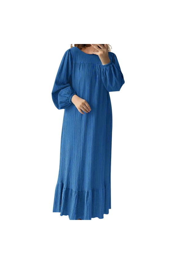 Ladies Plus Size Dress Women's Abaya Puffy Sleeve Vintage Pocket Hem Ruffled Dress