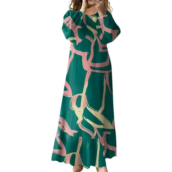 Ruyang Ladies Plus Size Dress Women's Abaya Puffy Sleeve Vintage Pocket Hem Ruffled Dress