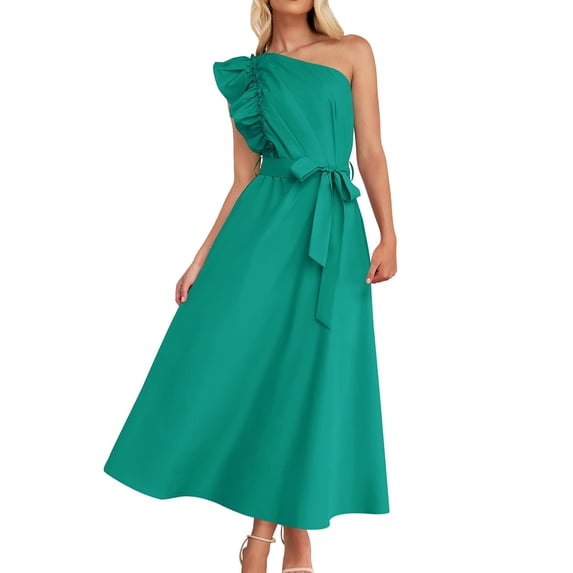Ruyang Ladies Wrap Long Dress Ladies Summer New Long Dress 2024 New Slanted Shoulder Wooden Ear Edge Belt Dress Bridesmaid Dress